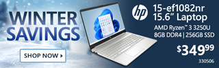WINTER SAVINGS - HP 15-ef1082nr 15.6 inch laptop; AMD Ryzen 3 3250U, 8GB DDR4, 256GB SSD; SKU 330506 - SHOP NOW