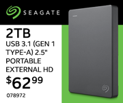 Seagate 2TB USB 3.1 Gen 1 TYPE-A 2.5-inch Portable External HD - $62.99; SKU 078972