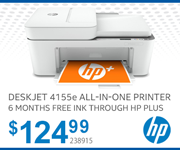 HP DeskJet 4155e All-In-One Printer with 6 Months Free Ink Through HP Plus- $124.99; SKU 238915