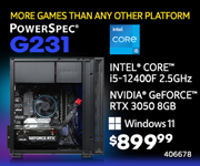 MORE GAMES THAN ANY OTHER PLATFORM! PowerSpec G231 Gaming Desktop - $899.99; Intel Core i5-12700F 2.5GHz, NVIDIA GeForce RTX 3050 8GB, Windows 11; In-store only, SKU 406678