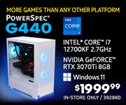 MORE GAMES THAN ANY OTHER PLATFORM! PowerSpec G440 Gaming Desktop - $1999.99; Intel Core i7-12700KF 2.7GHz, NVIDIA GeForce RTX 3070Ti 8GB, Windows 11; In-store only, SKU 392860