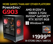 More Games the Any Other Platform - PowerSpec G903 - $1999.99; AMD Ryzen 9 5900X 3.7GHz, NVIDIA GeForce RTX 3070Ti 8GB; Windows 11; In-store only, SKU 399725