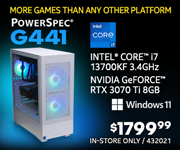 MORE GAMES THAN ANY OTHER PLATFORM! PowerSpec G441 Gaming Desktop - $1799.99; Intel Core i7-13700KF 3.4GHz, NVIDIA GeForce RTX 3070 Ti 8GB, Windows 11; In-store only, SKU 432021