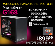 More Games the Any Other Platform - PowerSpec G168 - $899.99; AMD Ryzen 5 5600 3.5GHz, AMD Radeon RX 6600 8GB; Windows 11; In-store only, SKU 411942