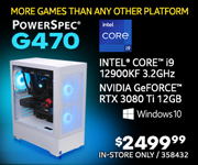 MORE GAMES THAN ANY OTHER PLATFORM! PowerSpec G470 Gaming Desktop - $2499.99; Intel Core i9-12900KF 3.2GHz, NVIDIA GeForce RTX 3080 Ti 12GB, Windows 10; In-store only, SKU 358432