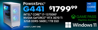 PowerSpec G441 Gaming Desktop - $1799.99; Intel Core i7-13700KF, NVIDIA GeForce RTX 3070 Ti, 32GB DDR5-5600, 1TB SSD, Windows 11; GAME PASS - Playtime. Anytime.; Limit one, SKU 432021