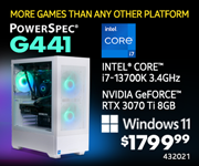 MORE GAMES THAN ANY OTHER PLATFORM! PowerSpec G441 Gaming Desktop - $1799.99; Intel Core i7-13700K 3.4GHz, NVIDIA GeForce RTX 3070 Ti 8GB, Windows 11; SKU 432021