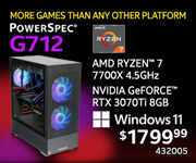 More Games the Any Other Platform - PowerSpec G712 - $1799.99; AMD Ryzen 7 7700X 4.5GHz, NVIDIA GeForce RTX 3070Ti 8GB; Windows 11; SKU 432005