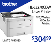 Brother HL-L3270CDW Laser Printer - NFC, Wireless and Duplex Printing - $304.99; Limit 2; SKU 837880