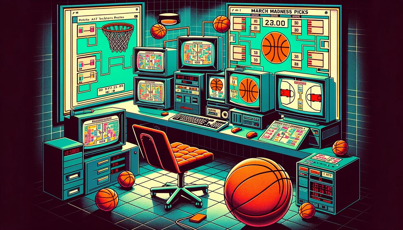An AI image of a computer room filled with basketballs. 