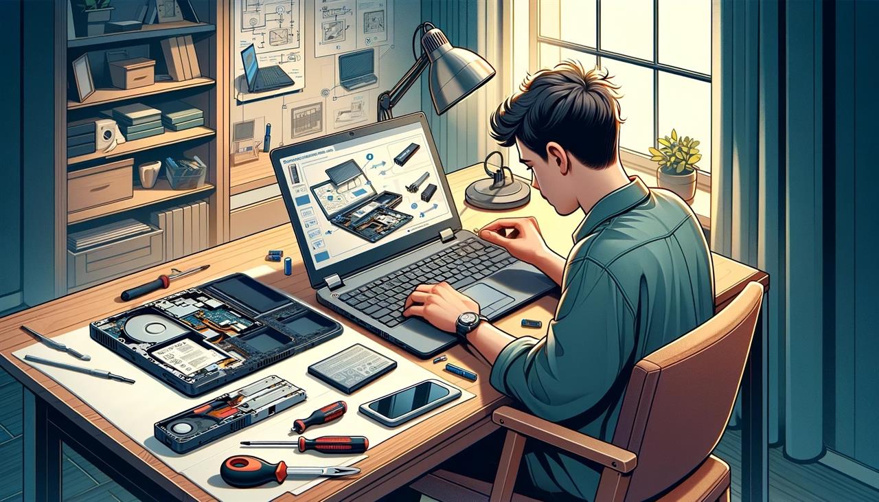 An illustration of a person researching laptop batteries. 
