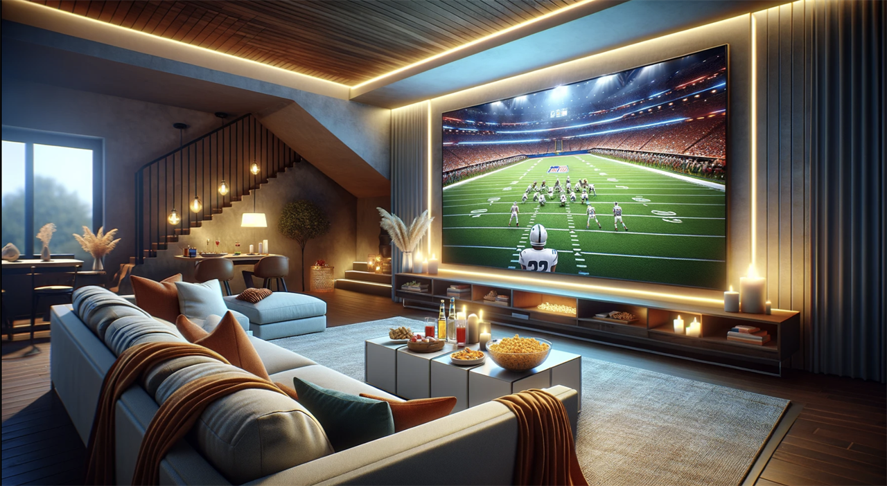 A view of a living room with a big TV, watching football.