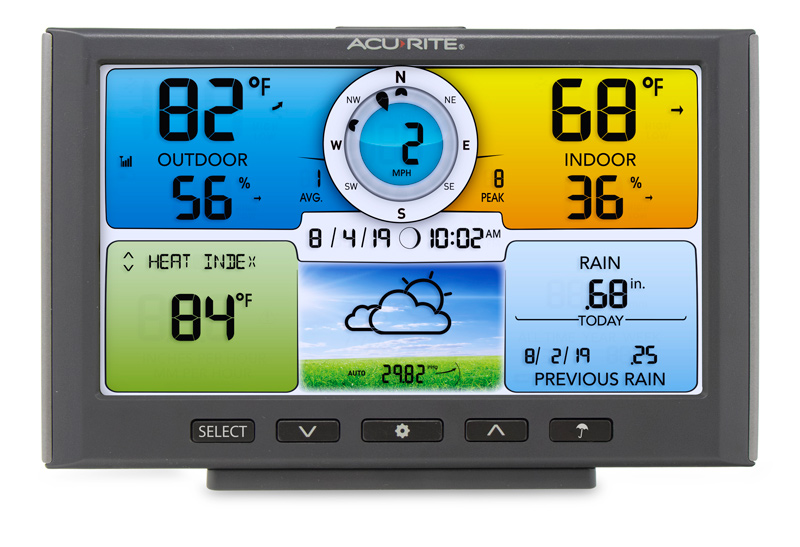 AcuRite 5 in 1 Weather Station Color Display with screen showing outdoor and indoor temperatures, heat index, rain, date and time, and more