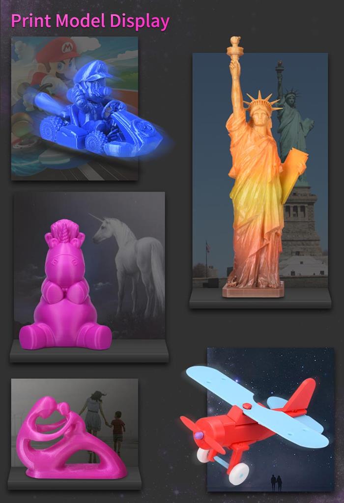 Print model display depicting 3D printed objects including a hippo, a Statue of Liberty, and a plane.