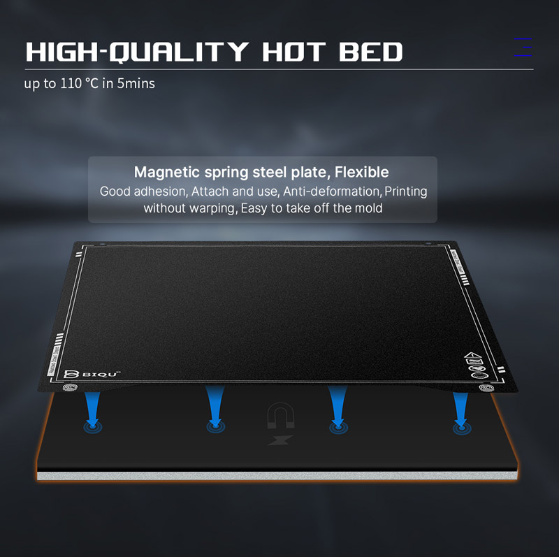 High Quality Hot Bed, up to 110 degrees C in 5 minutes. Magnetic spring steel plate, flexible, good adhesion, attach and use, anti deformation, printing without warping, easy to take off the mold.