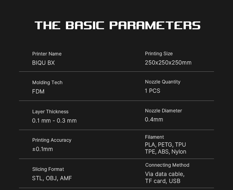 Basic parameters including Molding Tech FDM, Layer thickness 0.1mm to 0.3mm, printing accuracy plus or minu 0.1mm, printing size 250mm x 250mm x 250mm