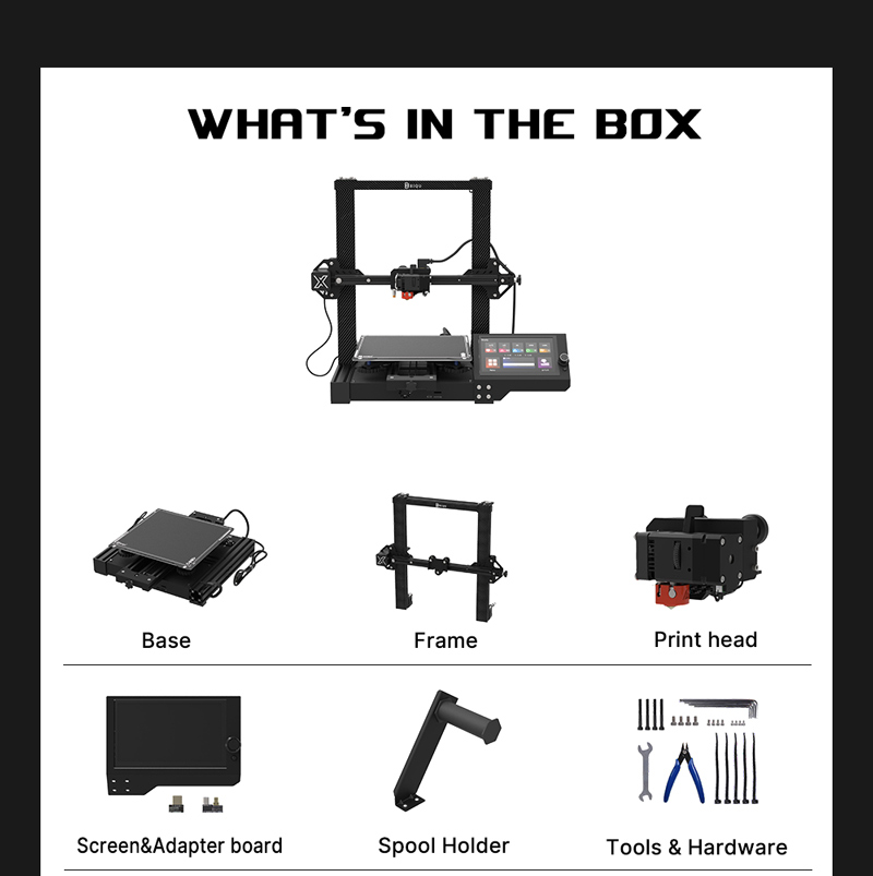 What's In The Box including, base, frame, print head, screen adapter board, spool holder, tools and hardware.