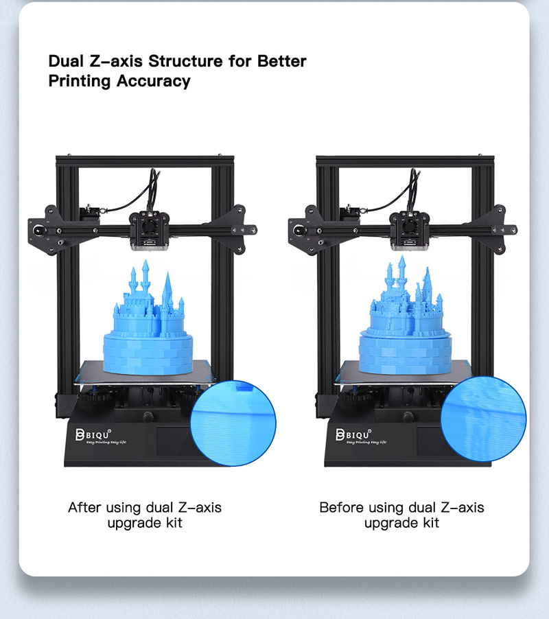 Dual Z axis Structure For Better Printing Accuracy. Two images show after dual Z axis printing and before dual Z axis printing.
