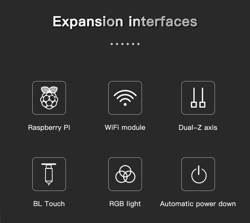 Expansion Interfaces. Raspberry Pi, WiFi module, Dual Z axix, BL Touch, RGB light, Automatic power down.