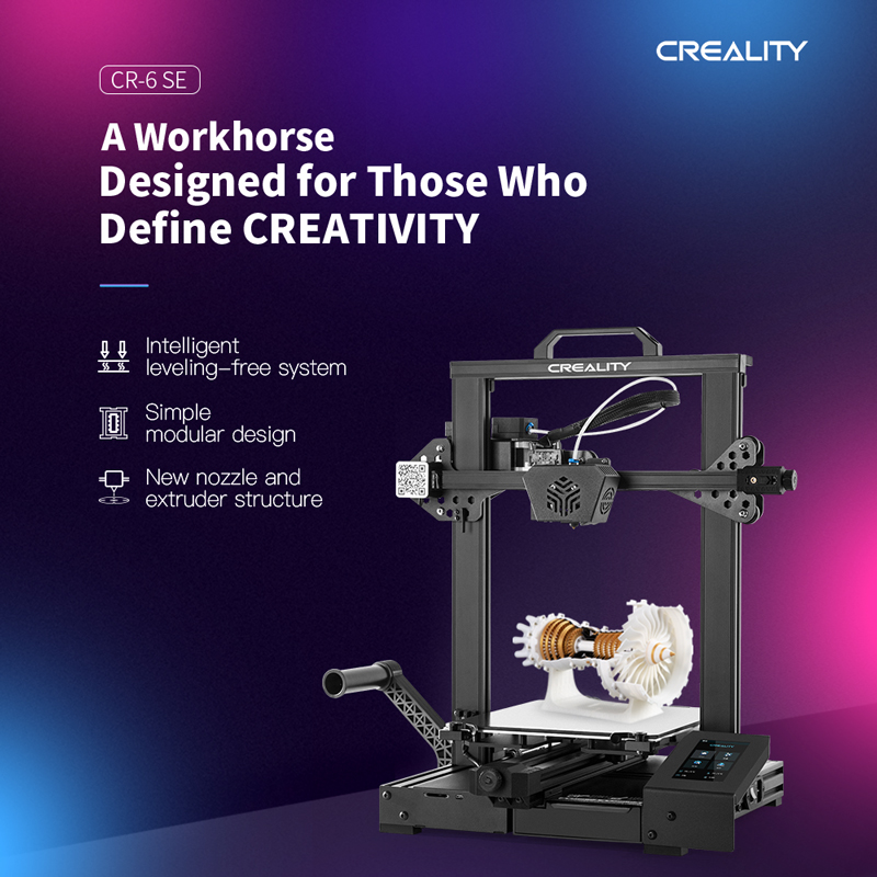 Creality CR6 SE. A workhorse designed for those who define creativity. Intelligent leveling free system, simple modular design, new nozzle and extruder structure.