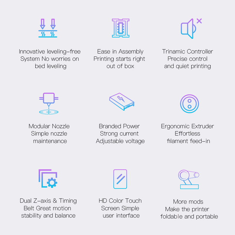 Easy assembly, prints right of of the box; trinamic controller and quiet printing; branded power, strong current, adjustable voltage; Dual Z axix and timing belt, great motion stability and balance; HD color touch scree, simple user interface; more mods make the printer foldable and portable.