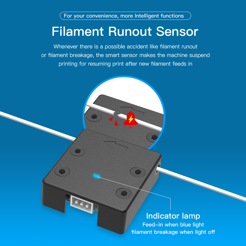 Filament runout sensor. Whenever there is filament runout or filament breakage, the smart sensor makes the machine suspend printing; resuming print affer new filament feeds in.