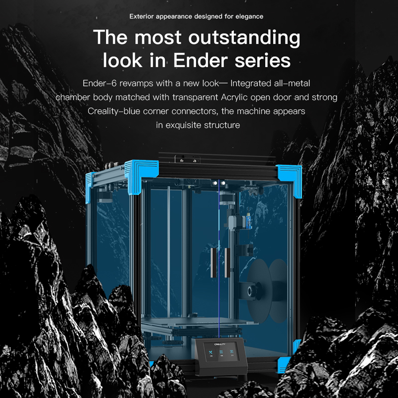 The most outstanding look in Ender series. Ender 6 revamps with an integrated all metal chamber body matched with transparent acrylic open door and strong Creality blue corner connectors.