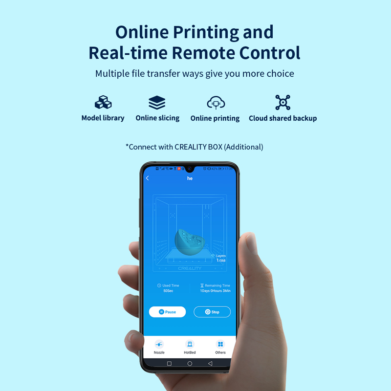 Online printing and real time remote control. Multiple file transfer ways give you more choice. Model library, online slicing, online printing, cloud shared backup. Connect with Creality box additional.