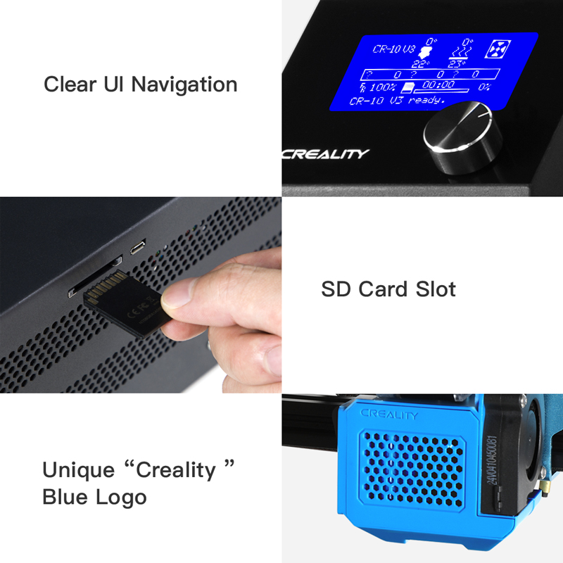 Clear UI navigation, SD card slot, unique Creality blue logo.