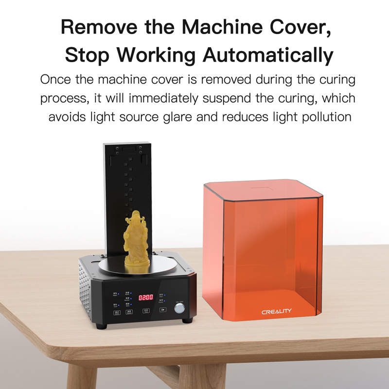 Remove the machine cover, it will immediately suspend the curing, which avoids light source glare and reduces light pollution.