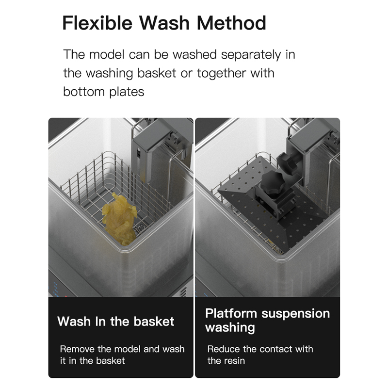 Flexible wash method. Remove the model and wash in the basket. Platform suspension washing reduces contact with the resin. 