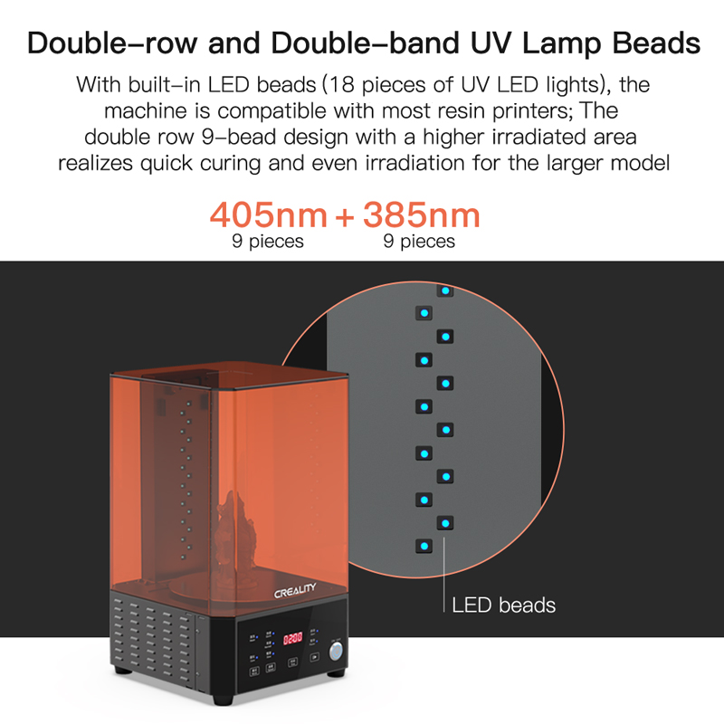 Double row and double ban UV lamp beads. The machine is compatible with most resin printers. The double row 9 bead design with higher irradiated area means quick curing even for the lager model.