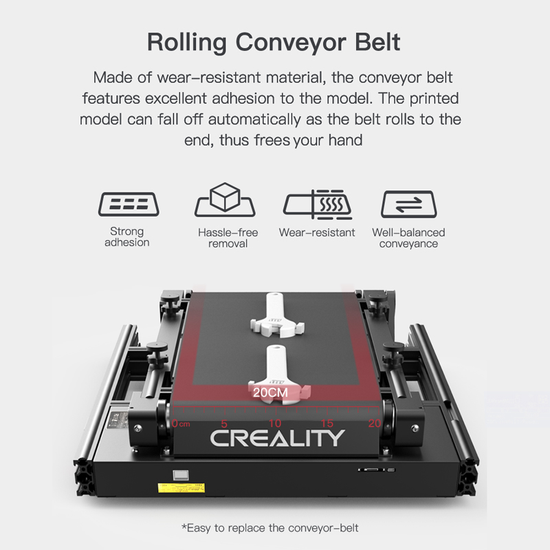 Made of wear resistant material, the conveyor belt features excellent adhesion to the model. The printed model can fall off automatically as the belt rolls to the end, thus frees your hand. Strong adhesion, hassle free removal, well balanced conveyance. Easy to replace the conveyor belt.