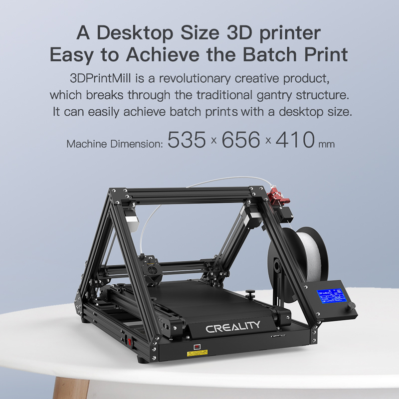 A desktop size 3D printer easily achieves batch prints. 3DPrintMill is a revolutionary creative product which breaks through the traditional gantry structure. Machine dimentions 535 x 656 x 410mm.