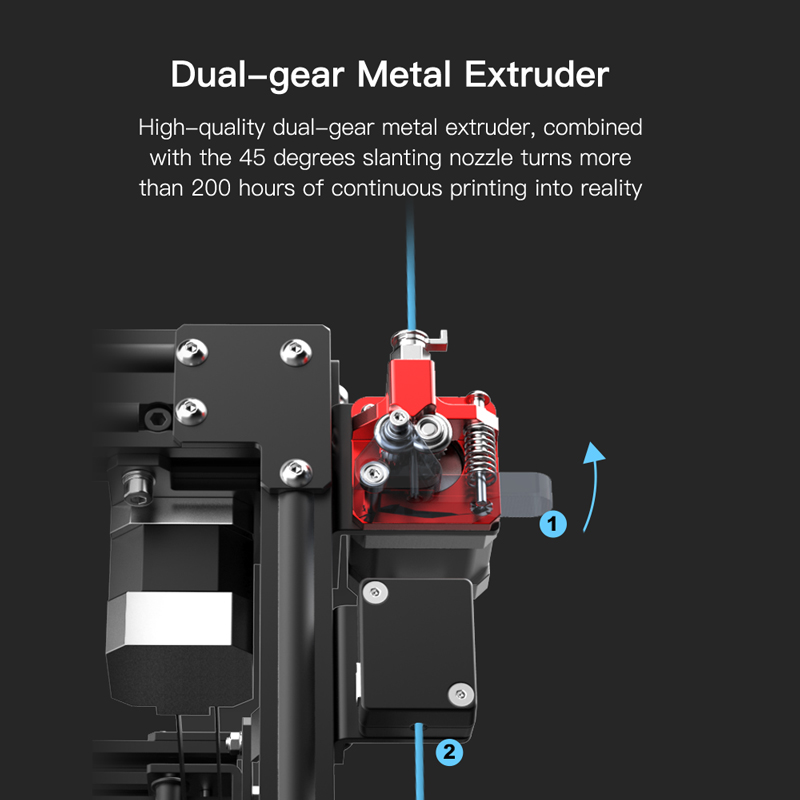 Dual gear metal extruder combined with 45 degree slanting ozzle turns more than 200 hours of continuous printing into reality.