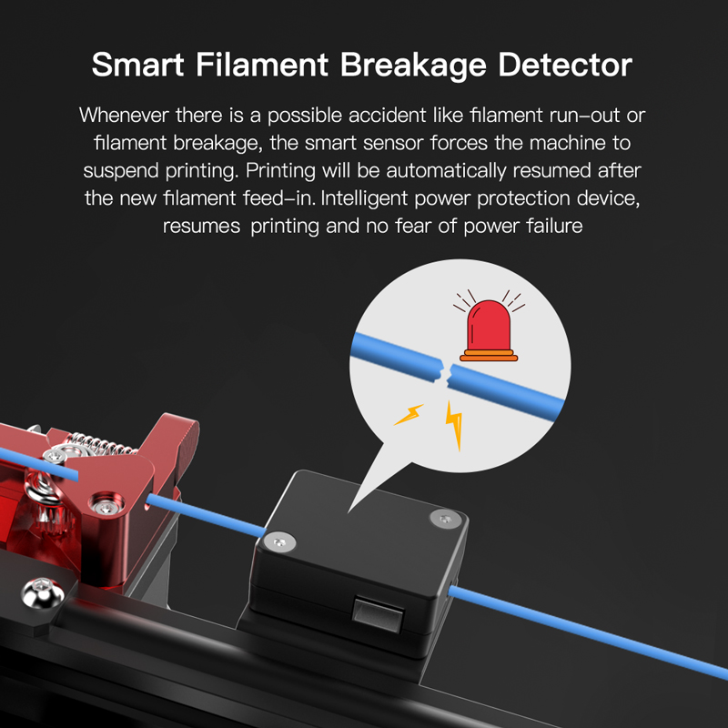 Smart filament breakage detector. When the filament breaks or runs out, the smart sensor forces the machine to suspend printing. Printing automatically resumed after the new filament feed in. No fear of power failure.