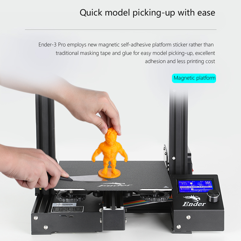 Creality Ender 3 Pro 3D Printer. Quick model picking up with ease. Ender 3 Pro employs new magnetic self adhesive platform sticker rather than traditional masking tape and glue for easy model picking up, excellent adhesion and less printing cost.