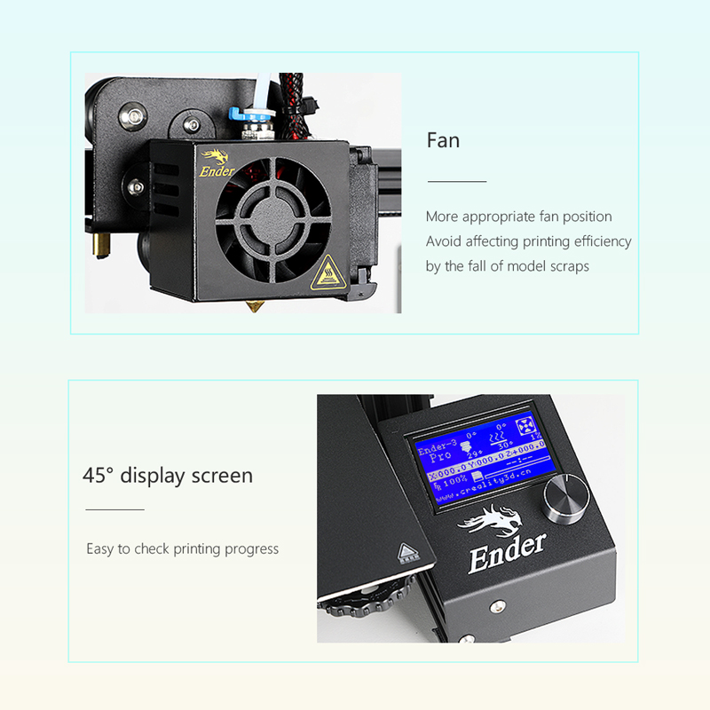 Creality Ender 3 Pro 3D Printer. More appropriate fan position aids efficiency. 45 degree display screen makes it easky to check printing progress.