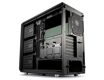 Fractal Meshify S2 open side view showing PSU shroud, vertical CPU riser support, bolt-free tempered glass
