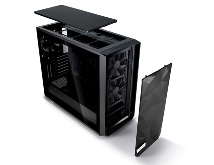 Meshify S2 side and front view showing removeable top and front panel side panel