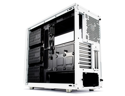 Fractal Meshify S2 open side view showing PSU shroud, vertical CPU riser support, bolt-free tempered glass