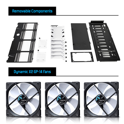 The Define R6 removeable components and three dynamic X2 GP-14 fans