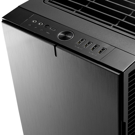 The Define R6 side angled view showing USB ports and brushed aluminum exterior