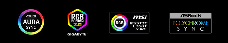 Logos: ASUS Aura Sync, RGB Fusion 2.0 Gigabyte, RGB MSI Mystic Light Sync, ASRock Polychrome Sync.