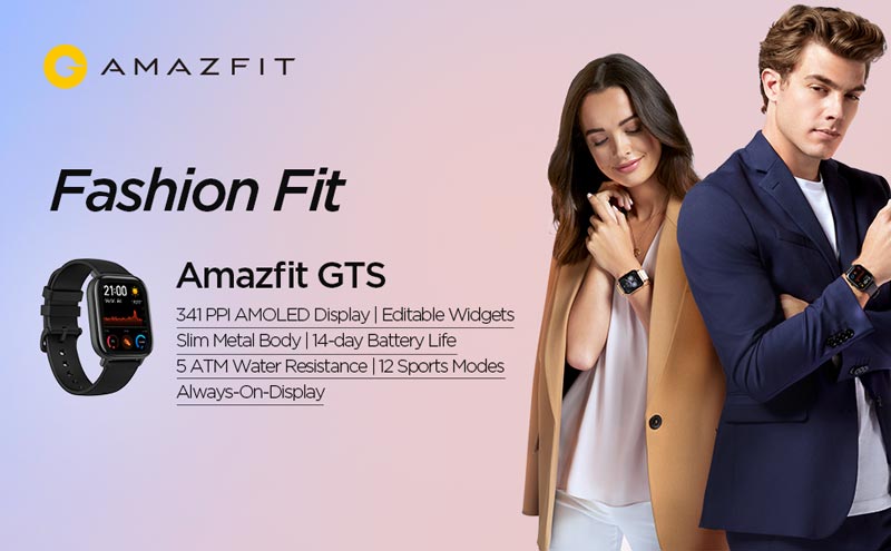 Fashion Fit Amazfit GTS 341 PPI Amoled display, editable widgets, slim metal body, 14-day battery life, 5 ATM water resistance, 12 sports modes, always on display.