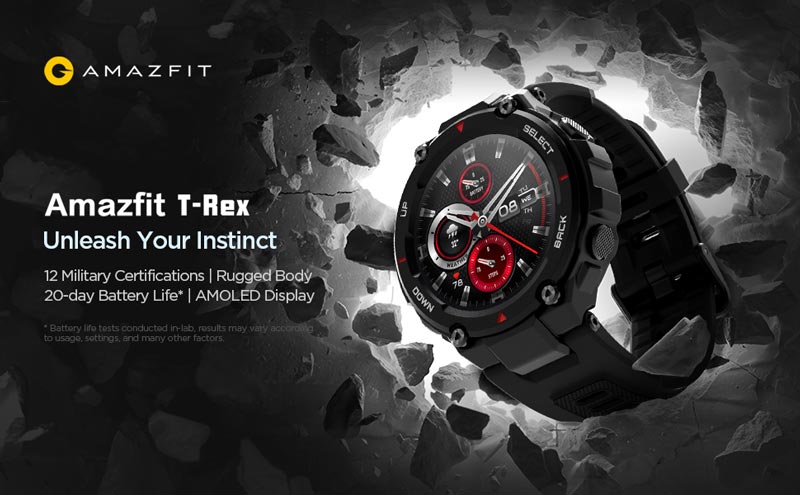 Amazfit T-Rex Unleash Your Instinct. 12 military certifications, rugged body, 20 day battery life, AMOLED display.