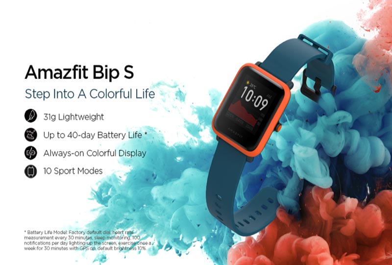 AmazfitBip S Step into a colorful life. 31g lightweight, up to 40 day battery life, always on colorful display, 10 sport modes.