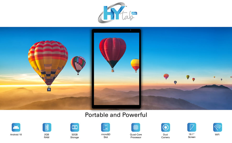 Hyundai HyTab Plus. Portable and Powerful. Android 10, 2GB RAM, 32GB Storage, micro SD slot, quad-core processor, dual camera, 10.1