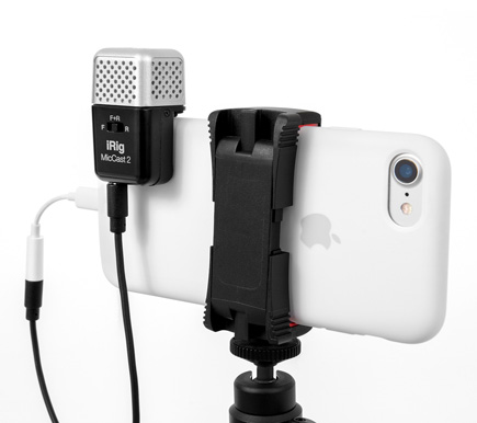 IK Multimedia iRig Mic Cast 2 Voice Recording Microphone withour mic shieldconnected to a smart phone