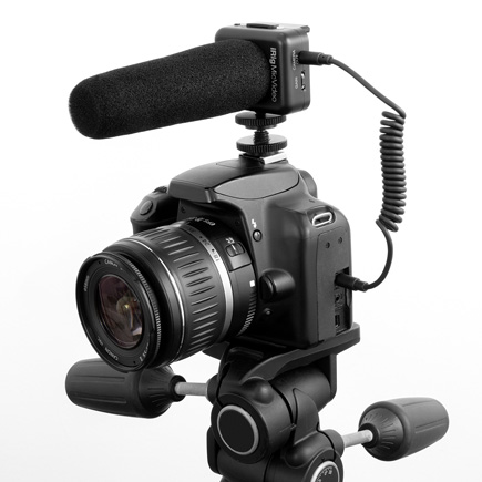 IK Multimedia iRig Mic Video Universal digital shotgun microphone attached to a camera on a tripod